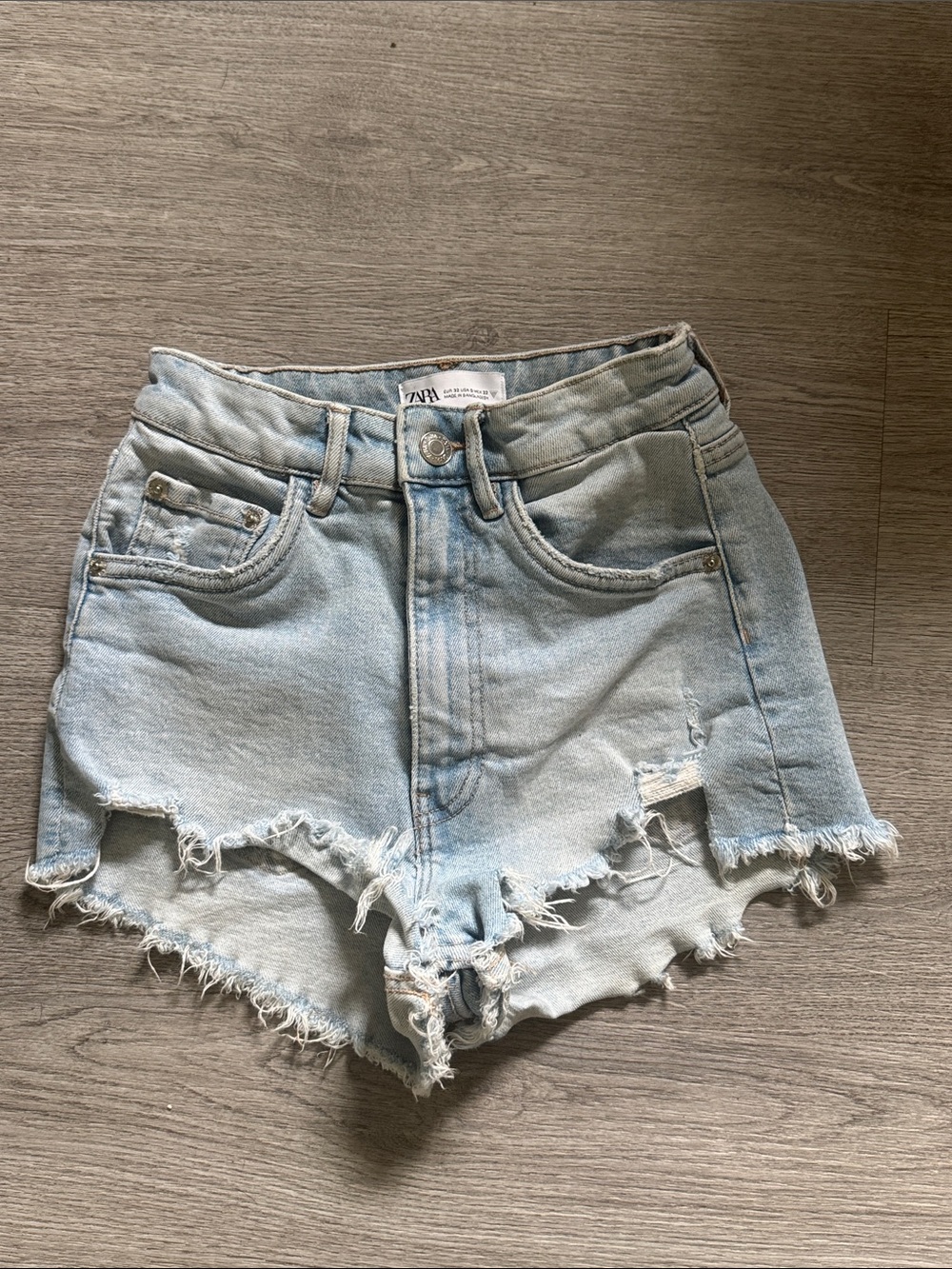 Zara Pale Blue High-Waist Frayed Denim Shorts